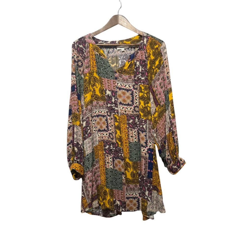 Umgee Tunic Dress Women XL Yellow Patchwork Paisley Boho Split Neck WG1947